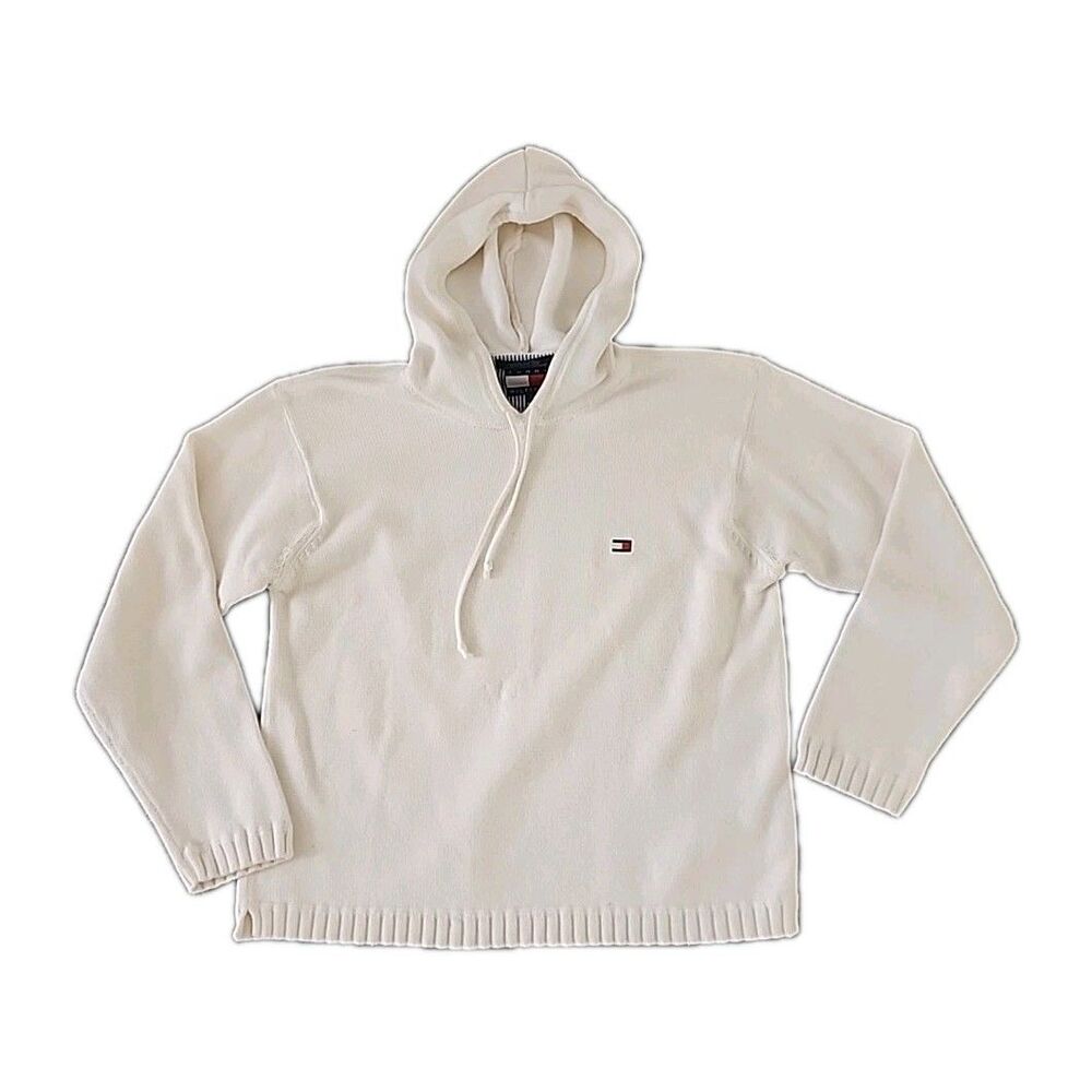 TOMMY HILFIGER Hooded Knit Sweater Womans Size Large 100% Cotton White Nautical